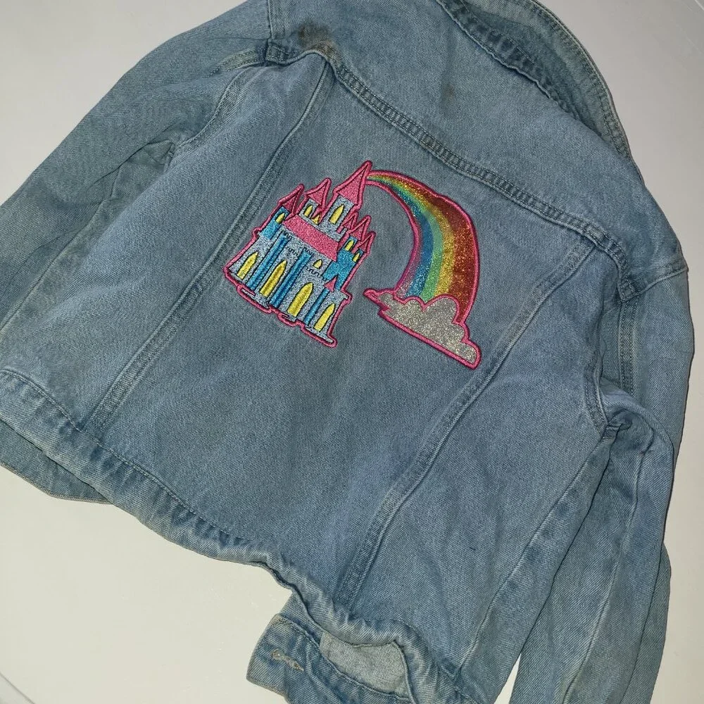 Disney US Girls Jean Denim Jacket Magic Kingdom Castle Flounder - Picture 2 of 13